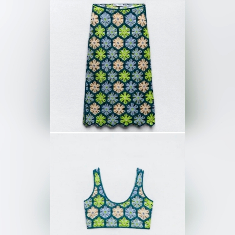 Rare Zara 2 piece Floral Crochet Set Medium- knit crop top and midi skirt  NWOT
